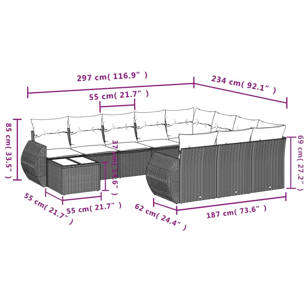 vidaXL 11-tlg. Garten-Sofagarnitur mit Kissen Schwarz Poly Rattan