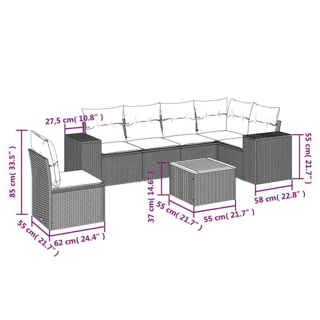 vidaXL 7-tlg. Garten-Sofagarnitur mit Kissen Beige Poly Rattan