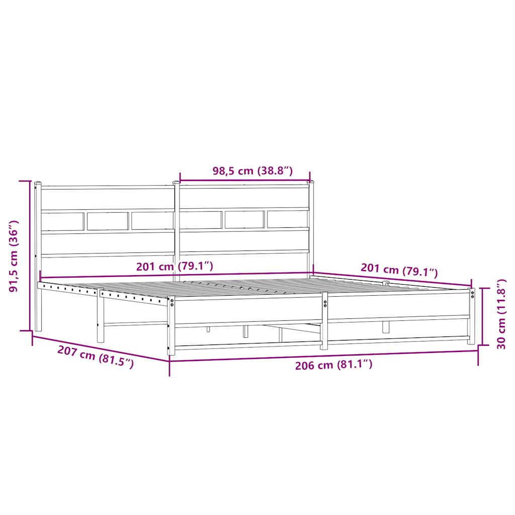 vidaXL Metallbett ohne Matratze Sonoma-Eiche 200x200 cm