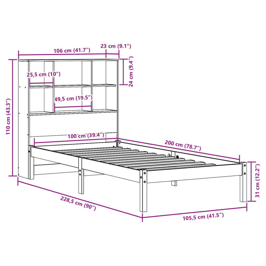 vidaXL Massivholzbett mit Regal ohne Matratze 100x200 cm Kiefer