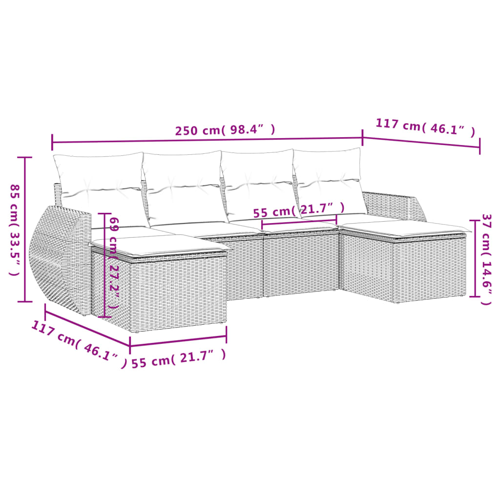 vidaXL 6-tlg. Garten-Sofagarnitur mit Kissen Grau Poly Rattan