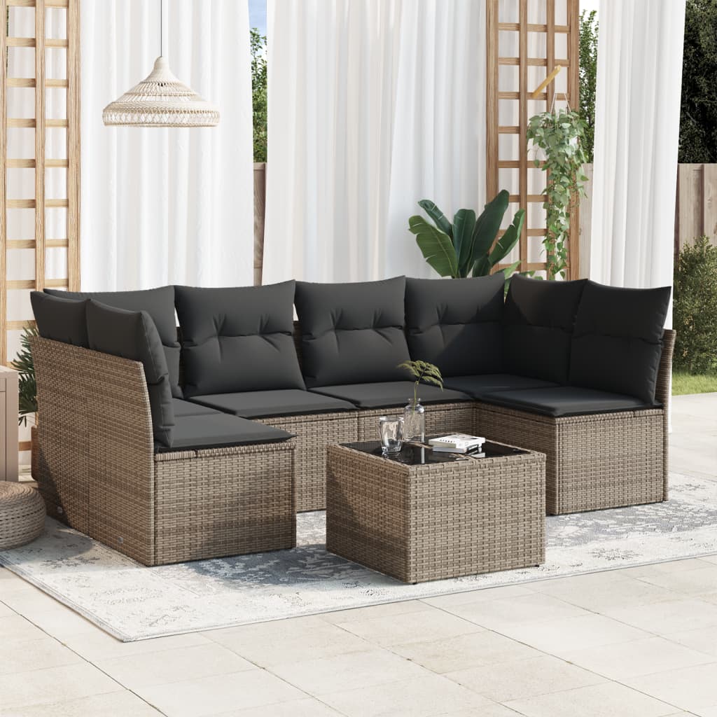 vidaXL 7-tlg. Garten-Sofagarnitur mit Kissen Grau Poly Rattan