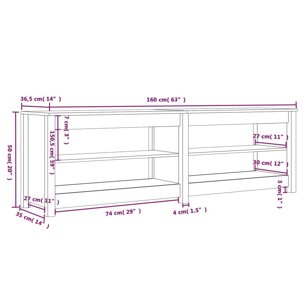 vidaXL Schuhbank Weiß 160x36,5x50 cm Massivholz Kiefer