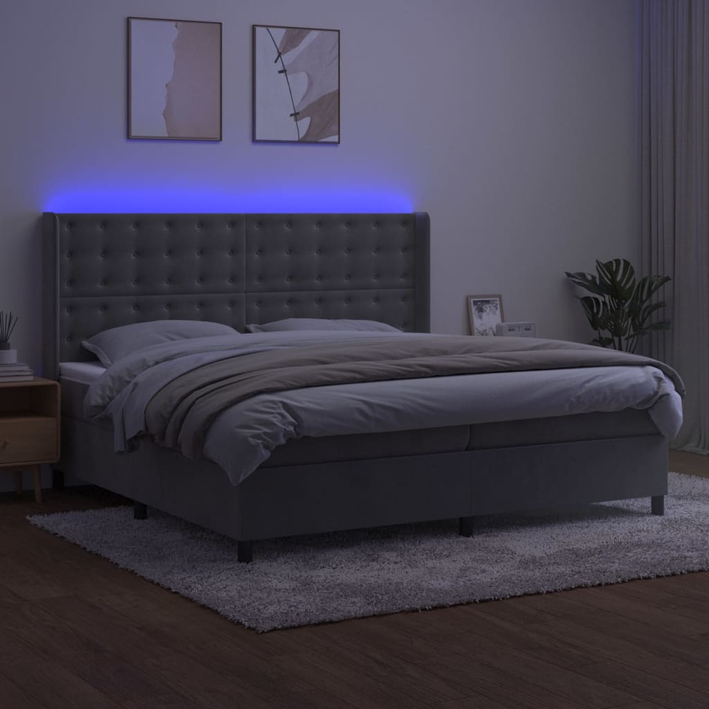 vidaXL Boxspringbett mit Matratze & LED Hellgrau 200x200 cm Samt