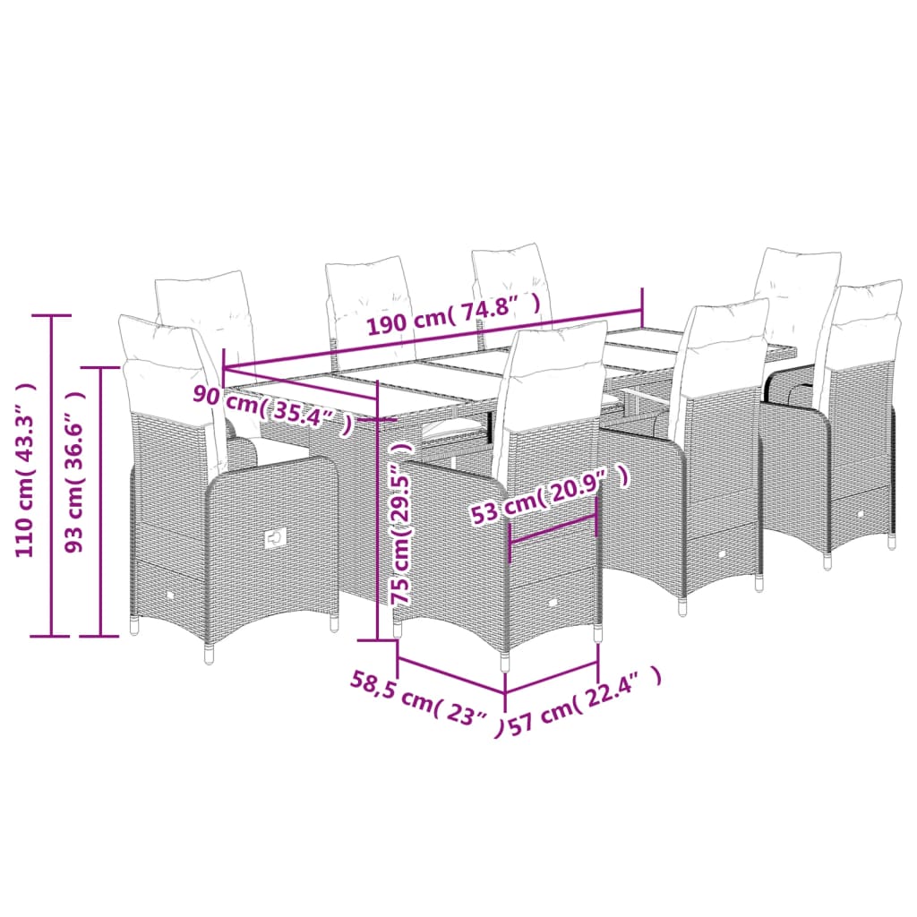 vidaXL 9-tlg. Garten-Bistro-Set mit Kissen Beige Poly Rattan