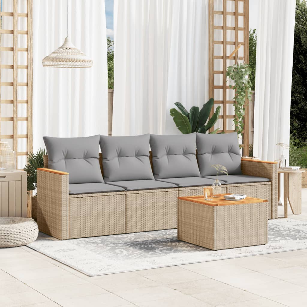 vidaXL 5-tlg. Garten-Sofagarnitur mit Kissen Beige Poly Rattan