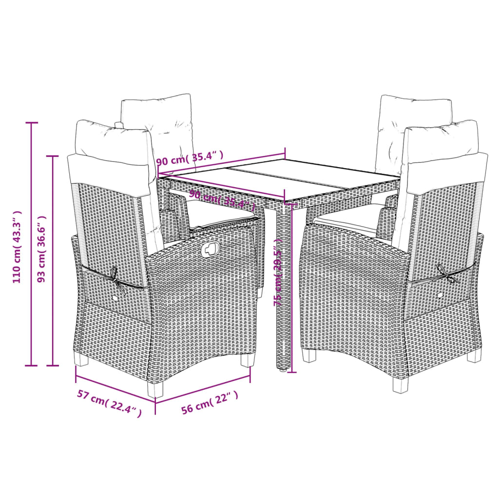 vidaXL 5-tlg. Garten-Essgruppe mit Kissen Schwarz Poly Rattan