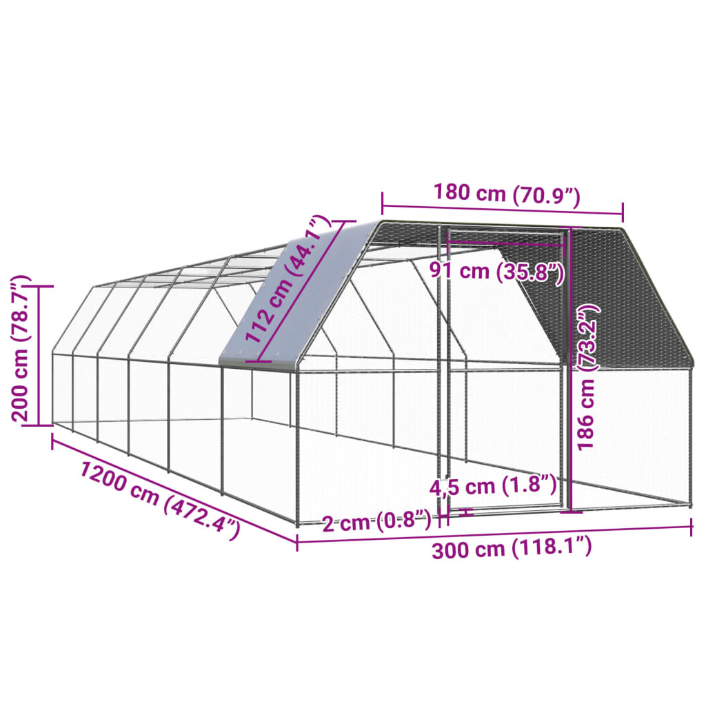 vidaXL Outdoor-Hühnerkäfig 3x12x2 m Verzinkter Stahl