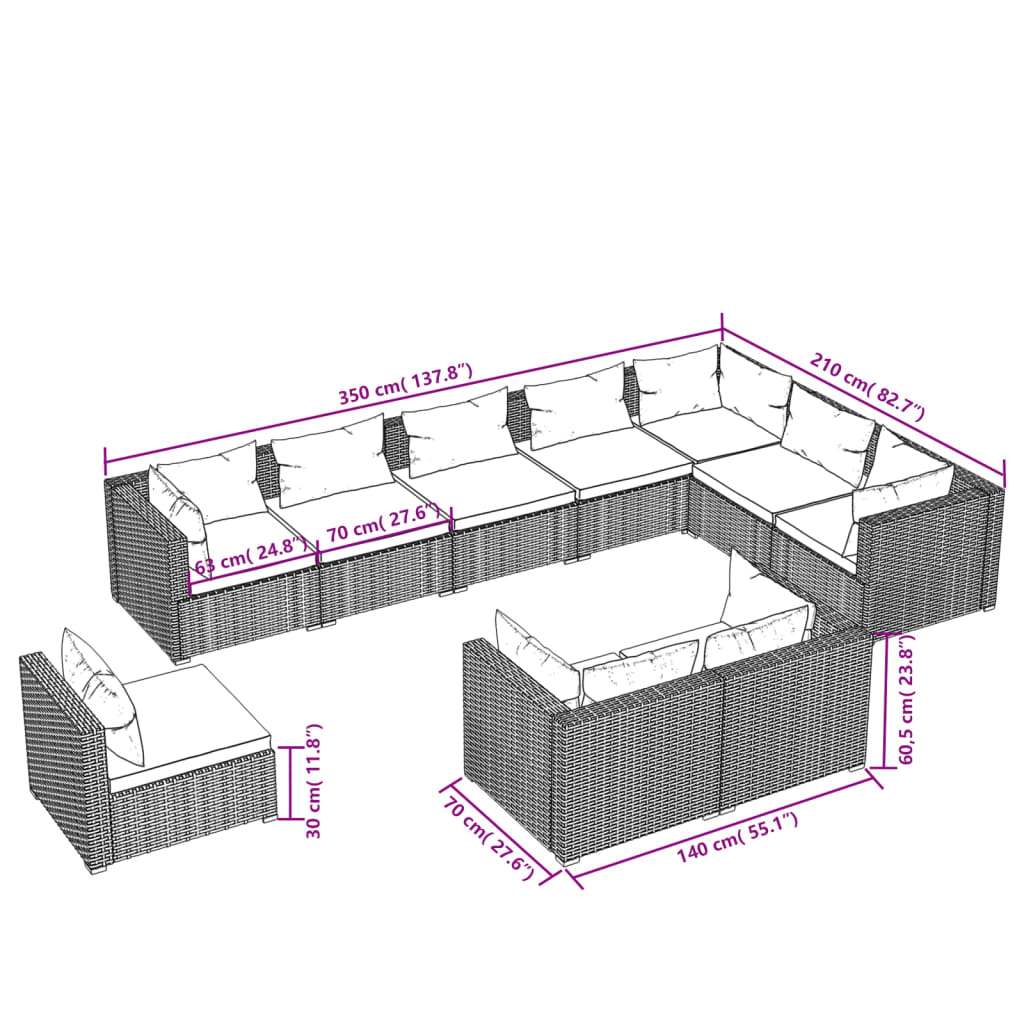 vidaXL 10-tlg. Garten-Lounge-Set mit Kissen Poly Rattan Schwarz