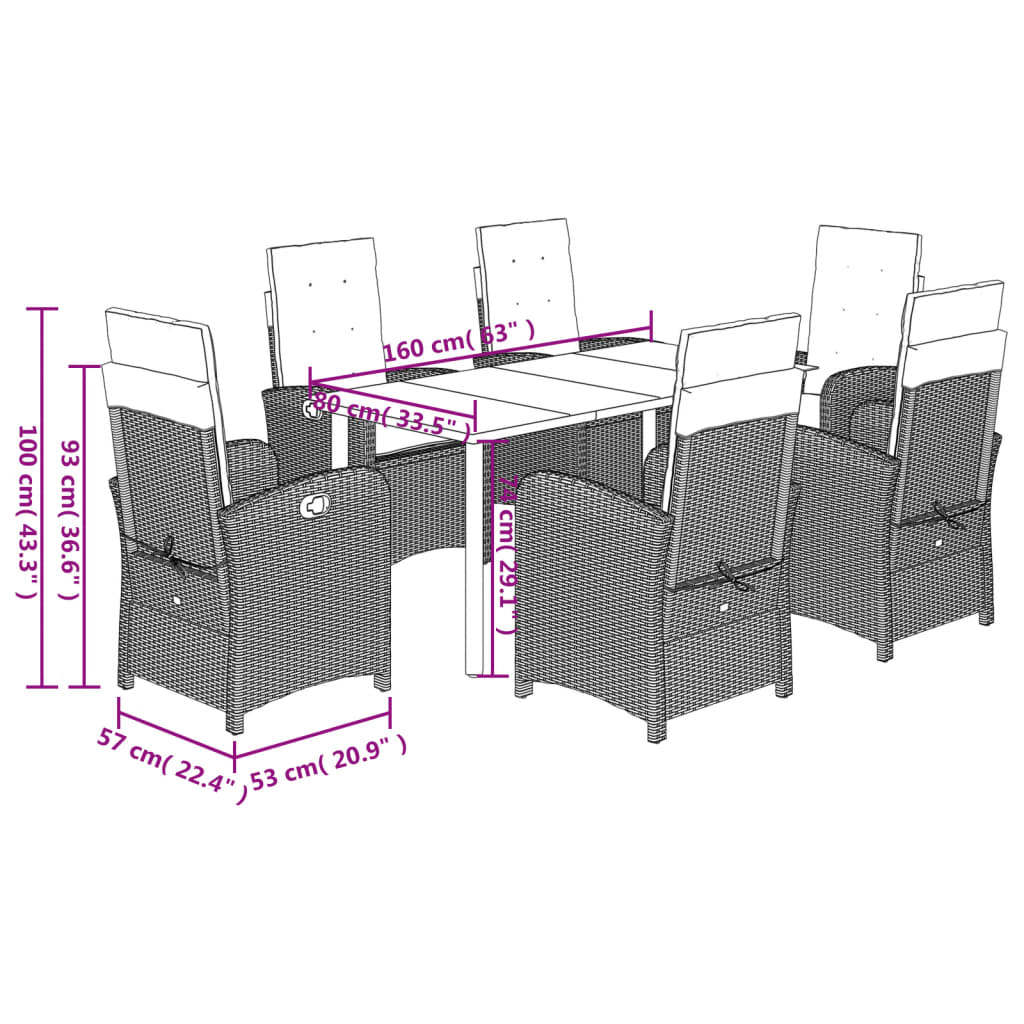 vidaXL 7-tlg. Garten-Essgruppe mit Kissen Schwarz Poly Rattan