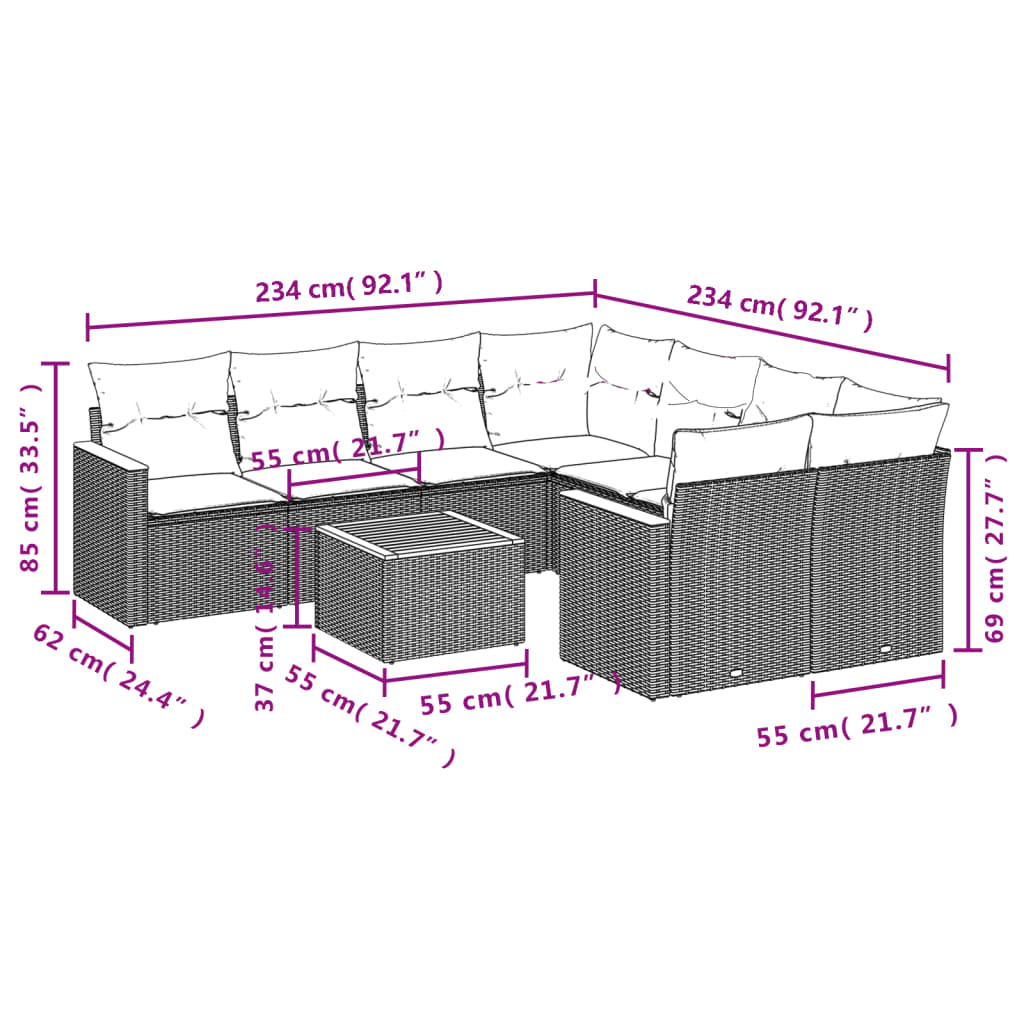 vidaXL 9-tlg. Garten-Sofagarnitur mit Kissen Grau Poly Rattan