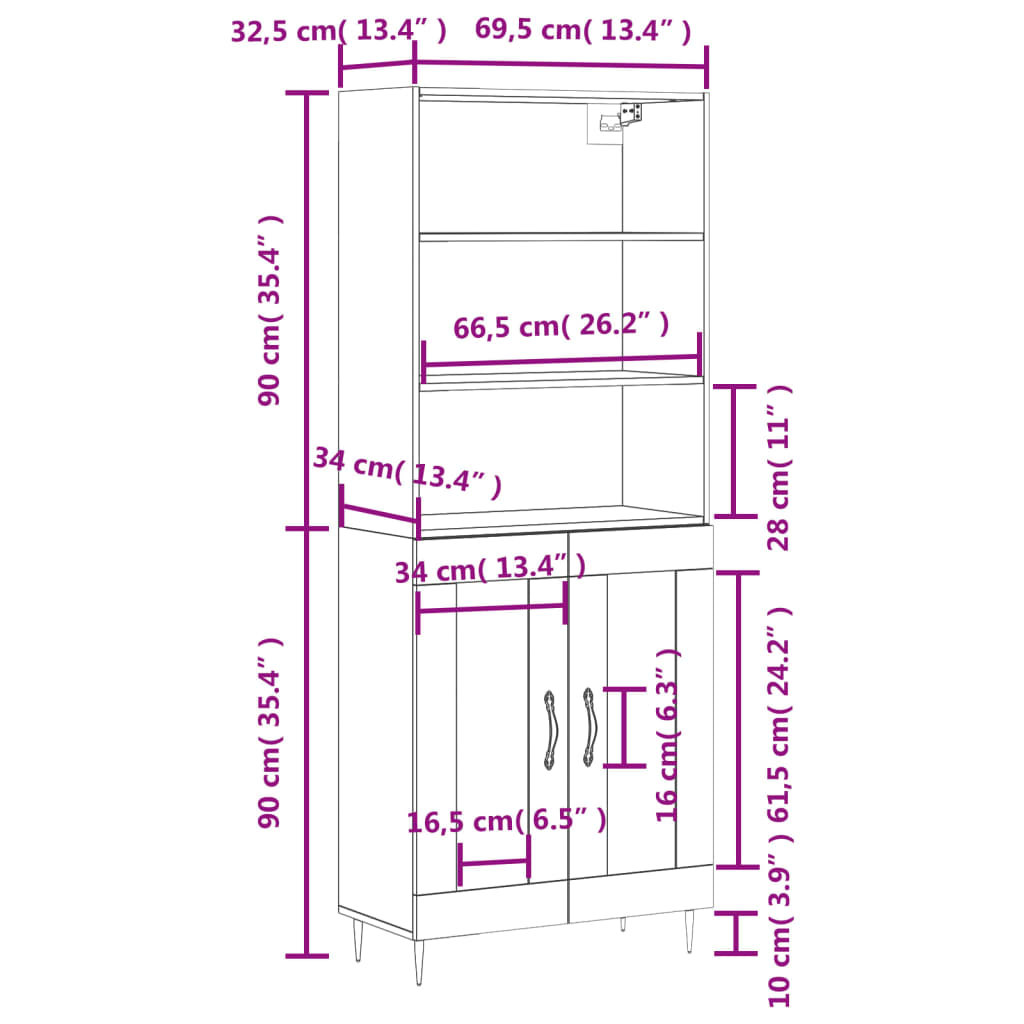 vidaXL Highboard Braun Eichen-Optik 69,5x34x180 cm Holzwerkstoff