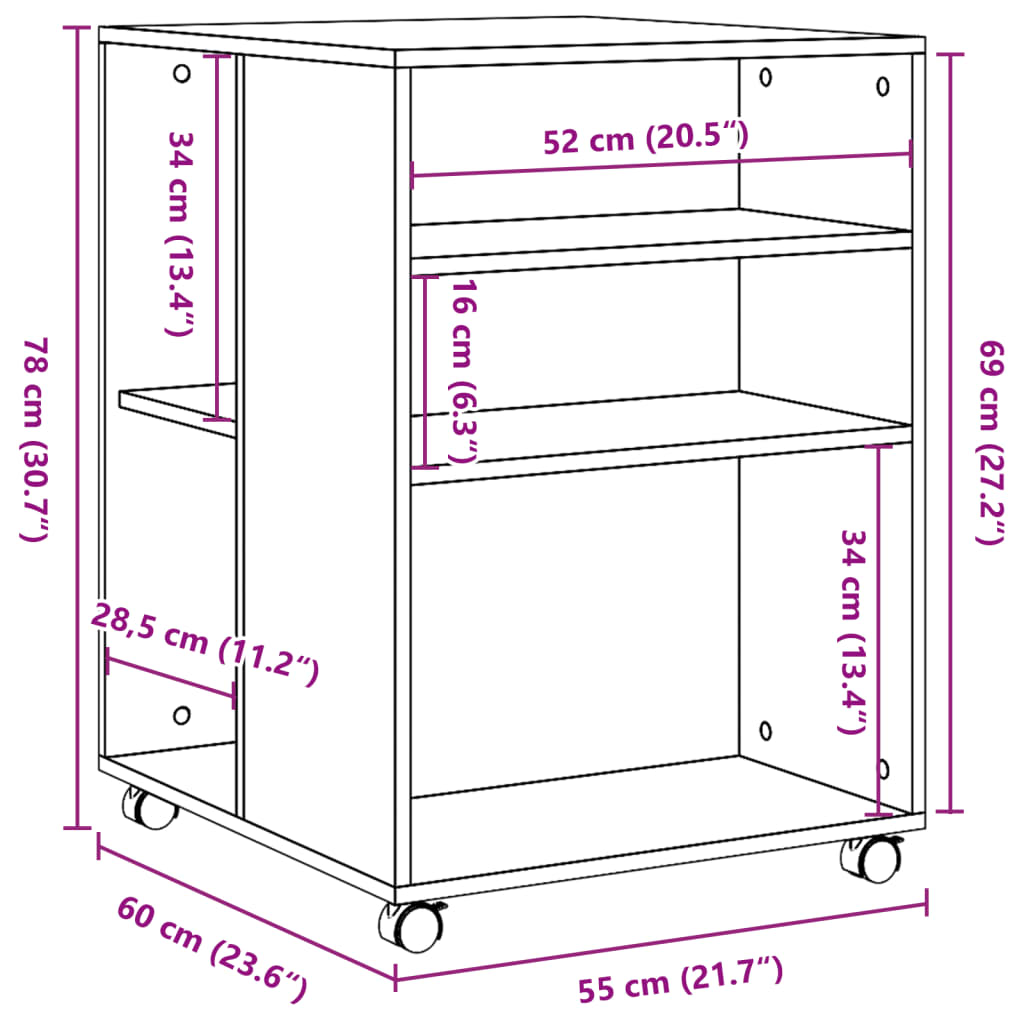 vidaXL Beistelltisch mit Rollen Braun Eiche 55x60x78 cm Holzwerkstoff