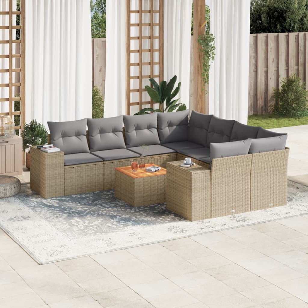 vidaXL 9-tlg. Garten-Sofagarnitur mit Kissen Beige Poly Rattan