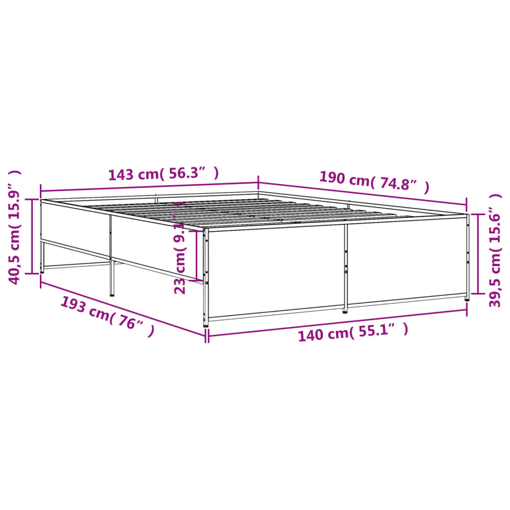 vidaXL Bettgestell Sonoma-Eiche 140x190 cm Holzwerkstoff und Metall