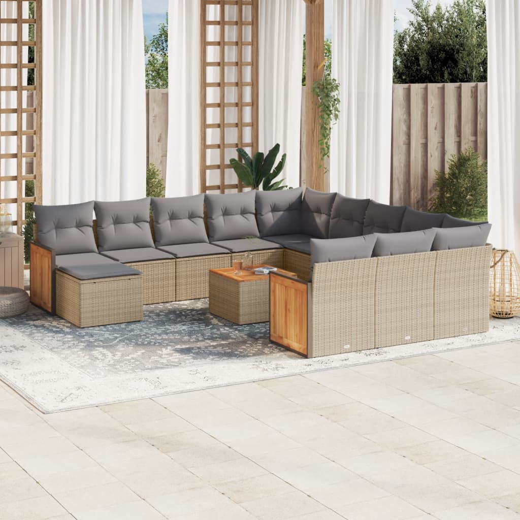 vidaXL 13-tlg. Garten-Sofagarnitur mit Kissen Beige Poly Rattan