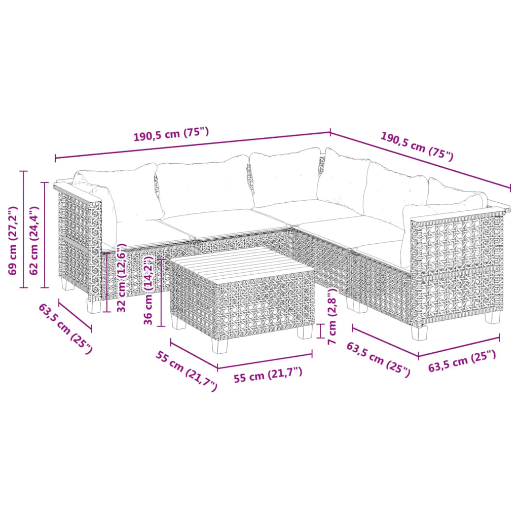 vidaXL 6-tlg. Garten-Sofagarnitur mit Kissen Schwarz Poly Rattan