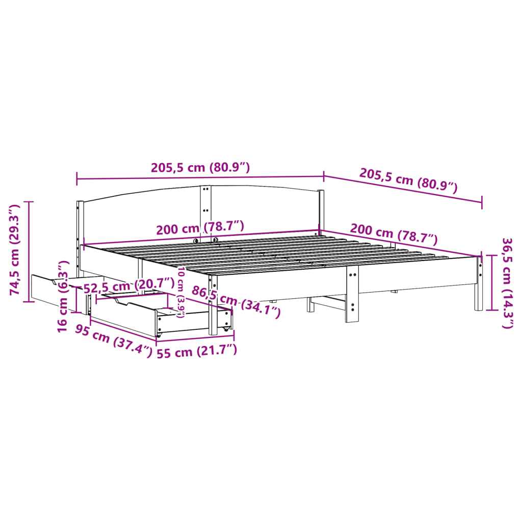 vidaXL Massivholzbett ohne Matratze 200x200 cm Kiefernholz