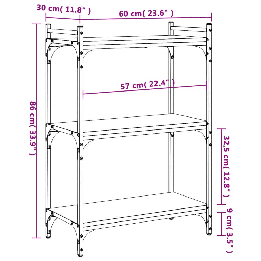 vidaXL Bücherregal 3 Böden Grau Sonoma 60x30x86 cm Holzwerkstoff