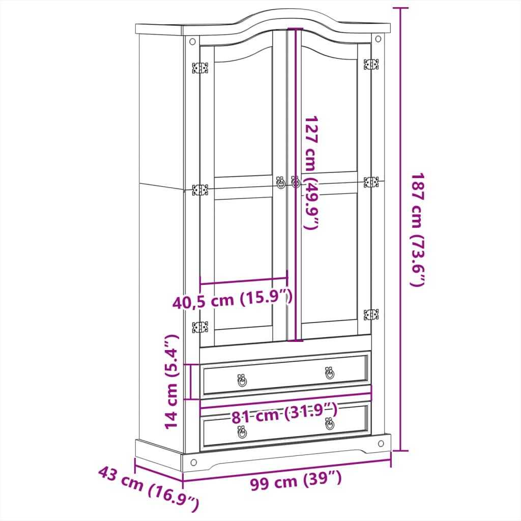 vidaXL Vitrine Corona 99x43x187 cm Massivholz Kiefer