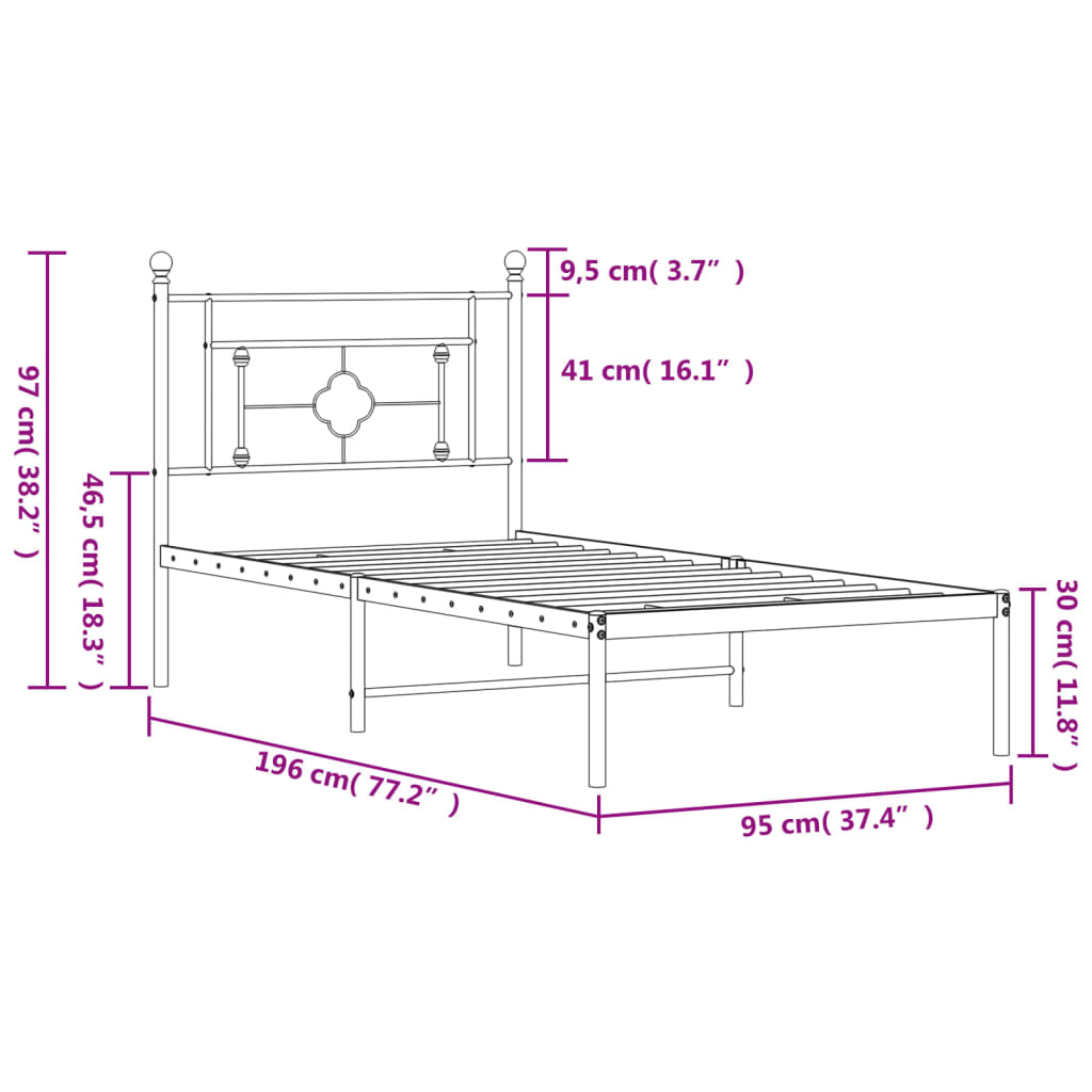 vidaXL Bettgestell mit Kopfteil Metall Schwarz 90x190 cm