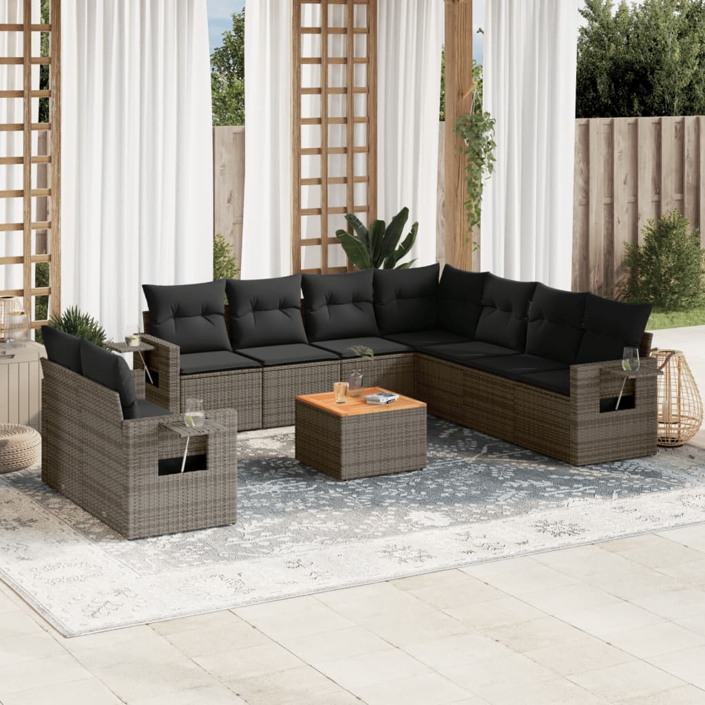 vidaXL 10-tlg. Garten-Sofagarnitur mit Kissen Grau Poly Rattan