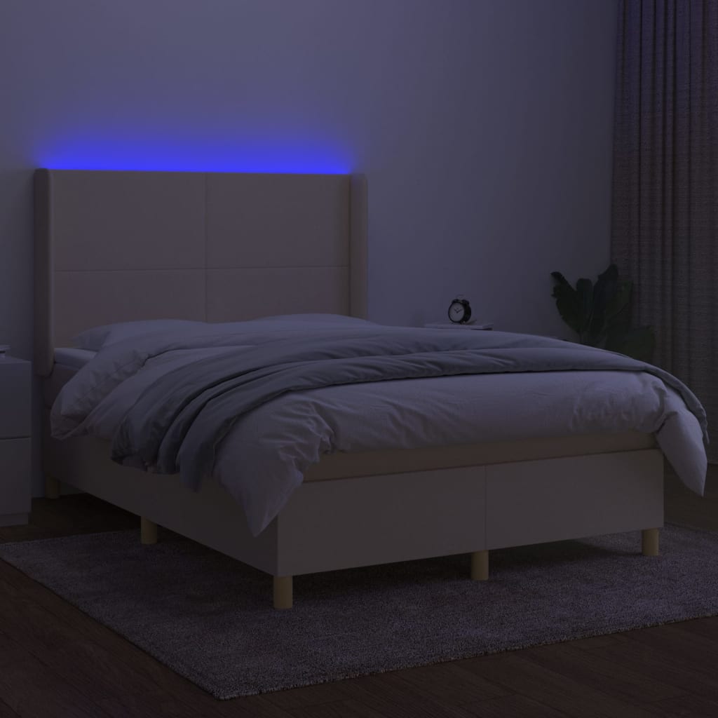 vidaXL Boxspringbett mit Matratze & LED Creme 140x190 cm Stoff