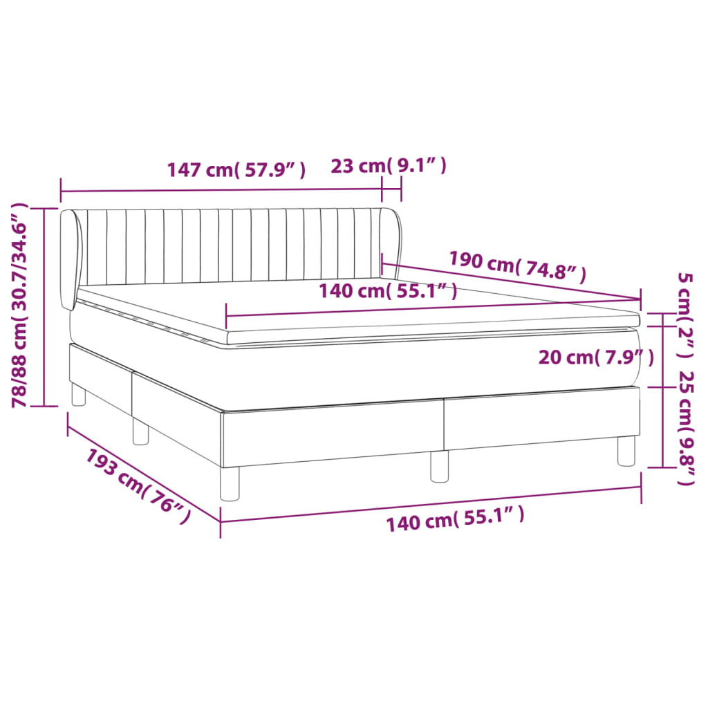 vidaXL Boxspringbett mit Matratze Schwarz 140x190 cm Samt