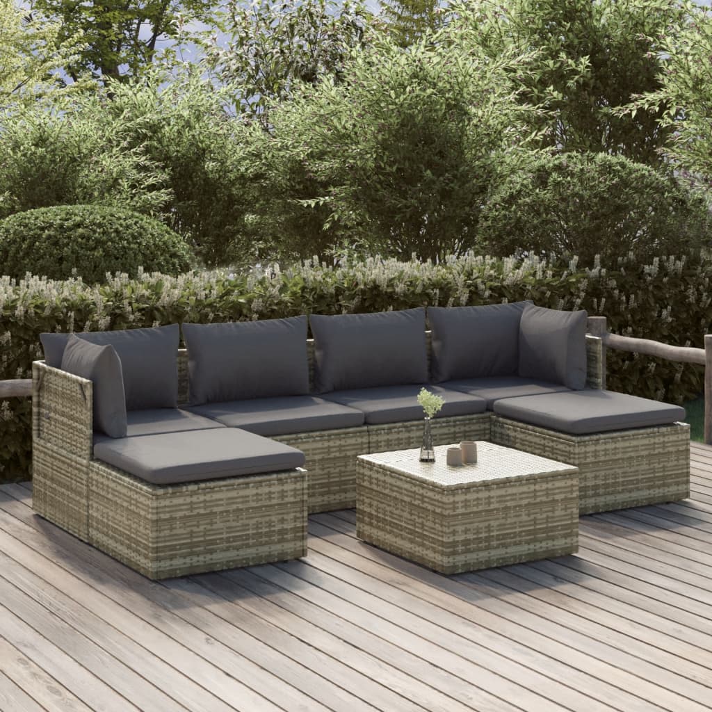 vidaXL 7-tlg. Garten-Lounge-Set mit Kissen Grau Poly Rattan