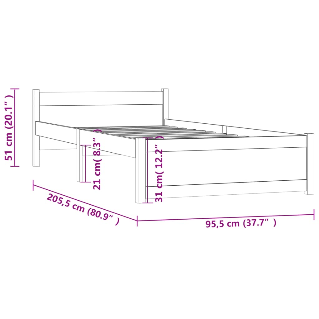 vidaXL Massivholzbett Weiß 90x200 cm