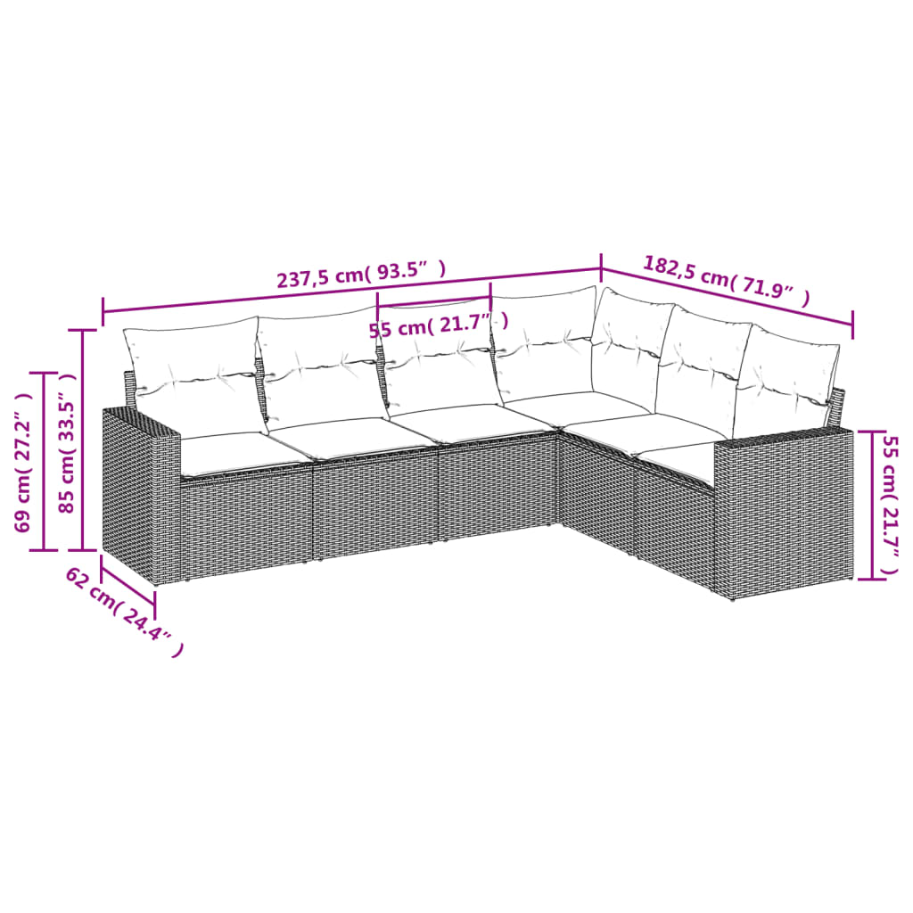 vidaXL 6-tlg. Garten-Sofagarnitur mit Kissen Schwarz Poly Rattan