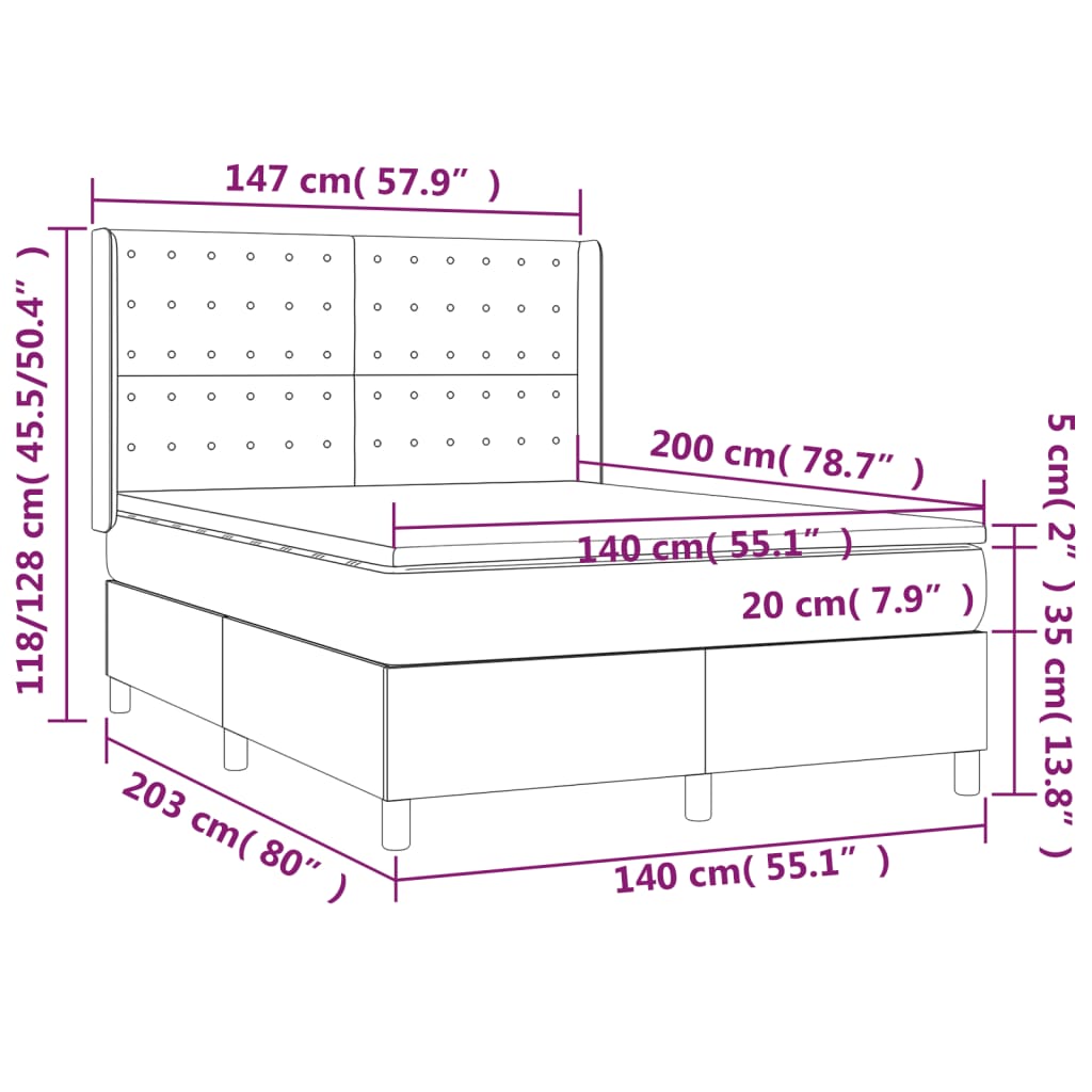 vidaXL Boxspringbett mit Matratze & LED Dunkelgrau 140x200 cm Stoff