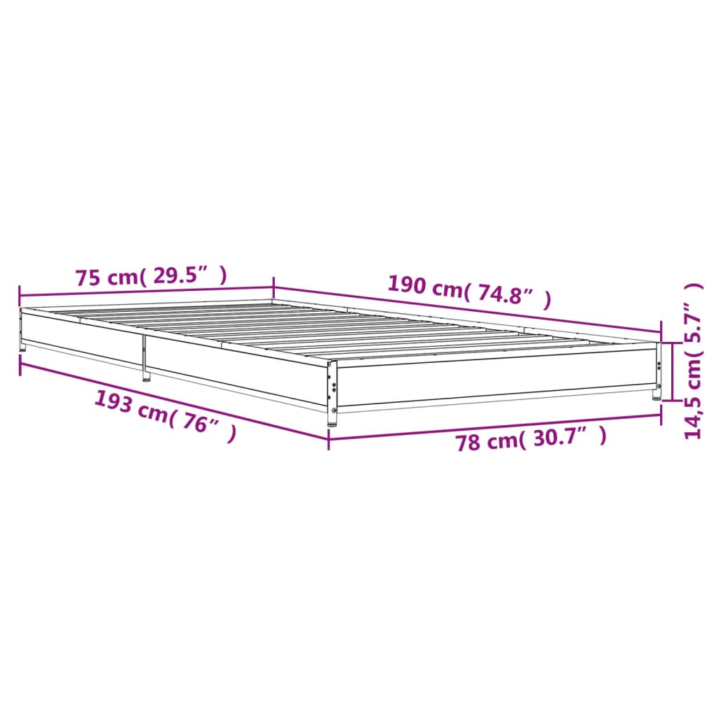 vidaXL Bettgestell Räuchereiche 75x190 cm Holzwerkstoff und Metall