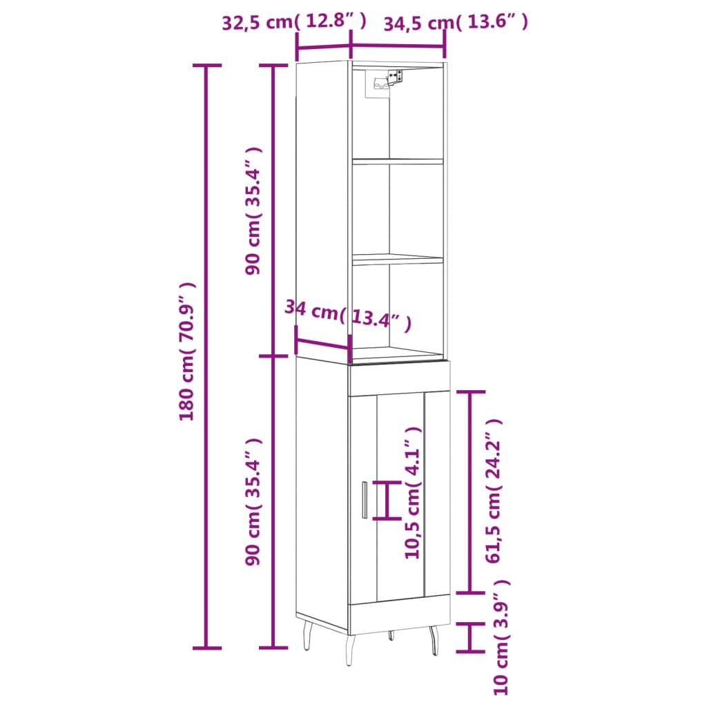 vidaXL Highboard Grau Sonoma 34,5x34x180 cm Holzwerkstoff