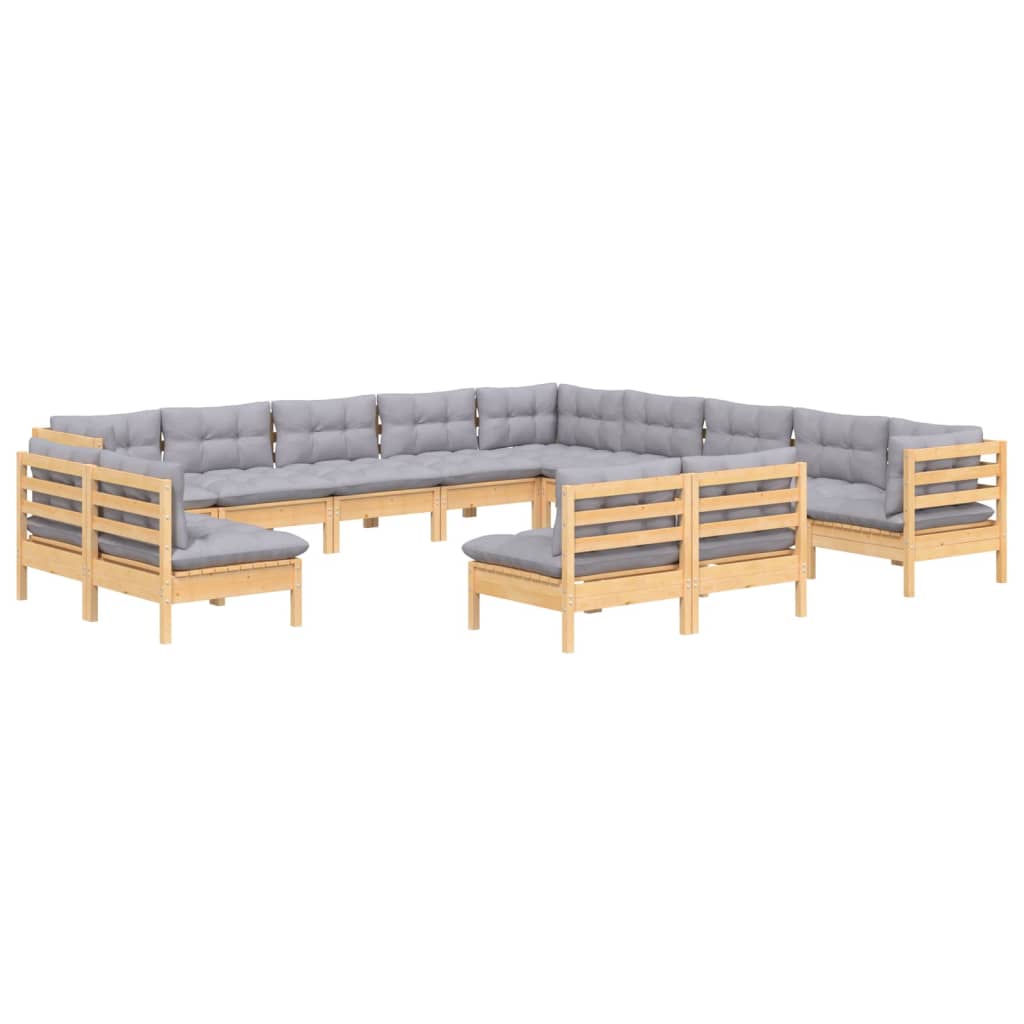 vidaXL 13-tlg. Garten-Lounge-Set mit Grauen Kissen Massivholz Kiefer