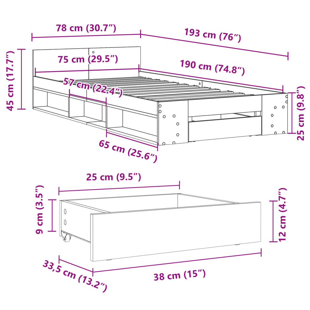 vidaXL Bettgestell mit Schublade Sonoma-Eiche 75x190 cm Holzwerkstoff