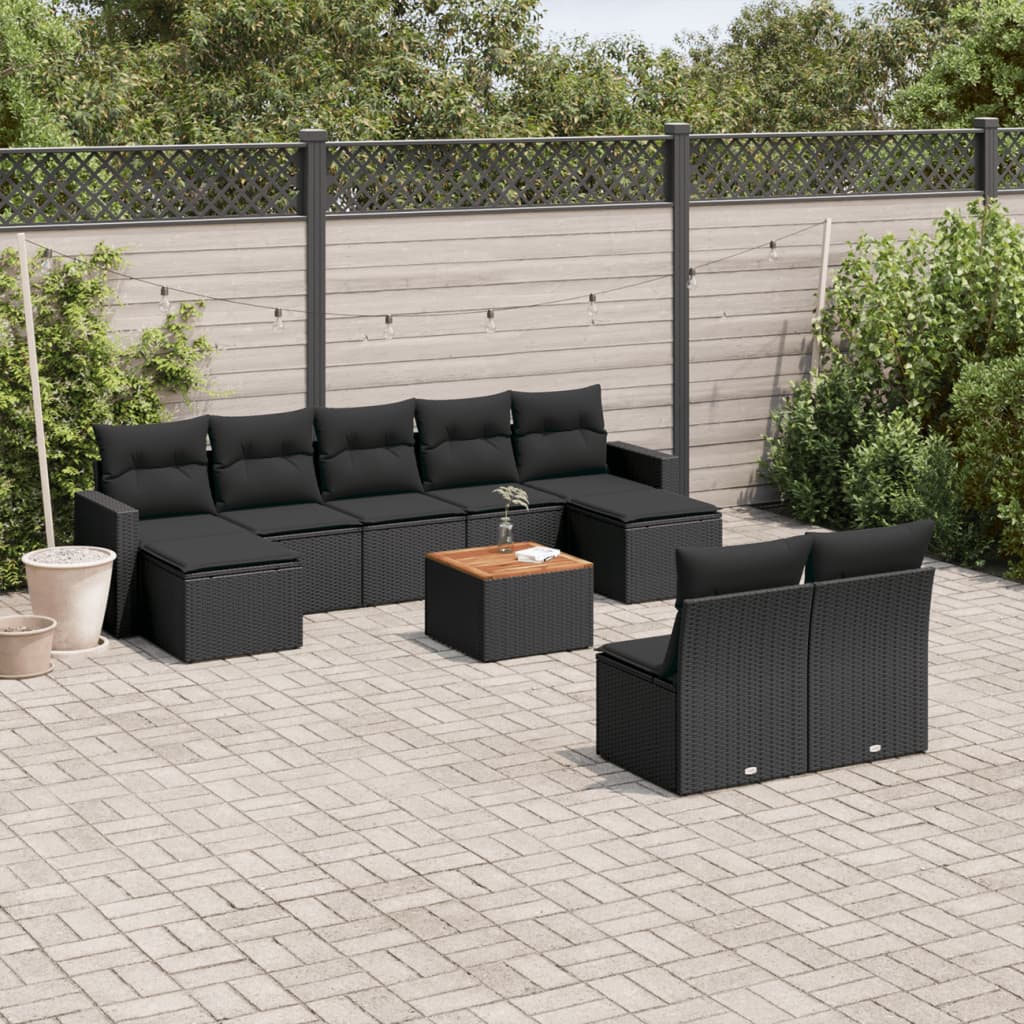 vidaXL 10-tlg. Garten-Sofagarnitur mit Kissen Schwarz Poly Rattan