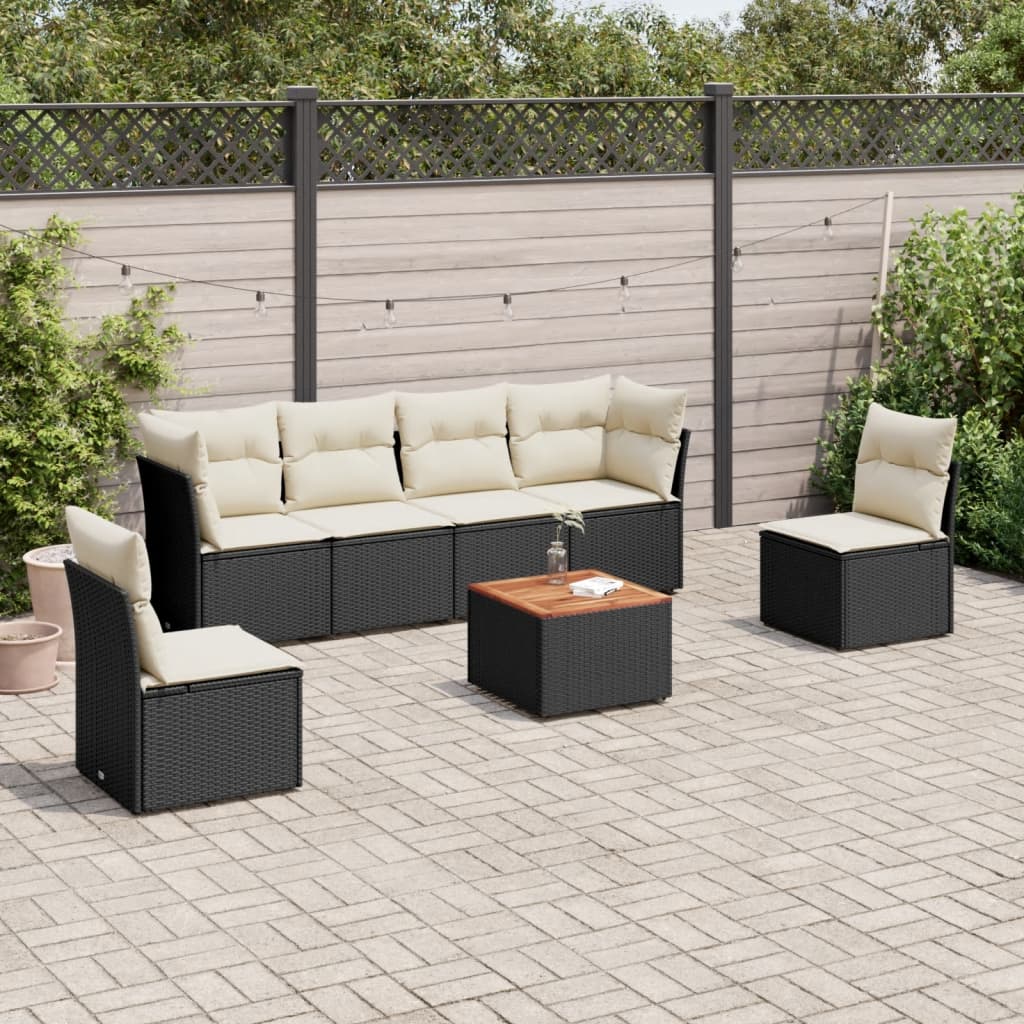 vidaXL 7-tlg. Garten-Sofagarnitur mit Kissen Schwarz Poly Rattan