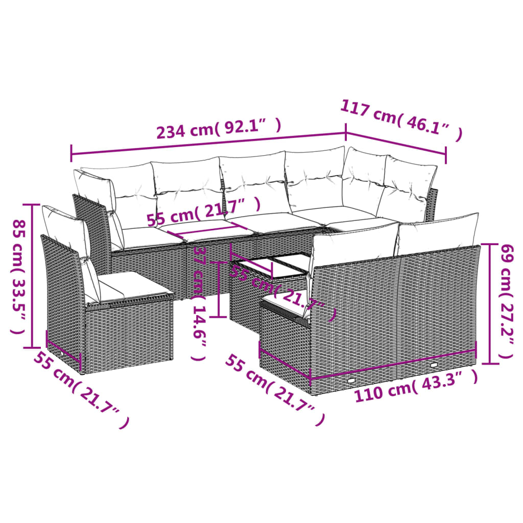 vidaXL 9-tlg. Garten-Sofagarnitur mit Kissen Schwarz Poly Rattan