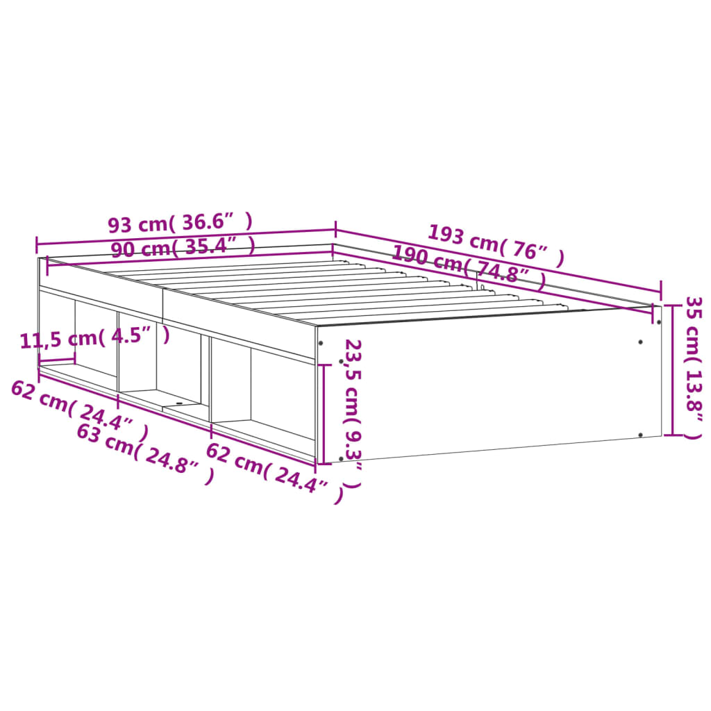 vidaXL Bettgestell Grau Sonoma 90x190 cm