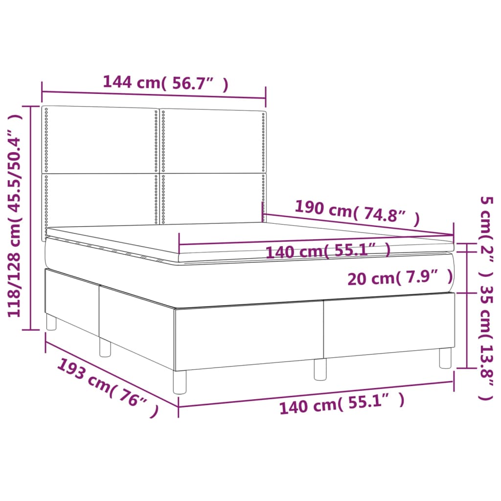 vidaXL Boxspringbett mit Matratze Dunkelblau 140x190 cm Samt