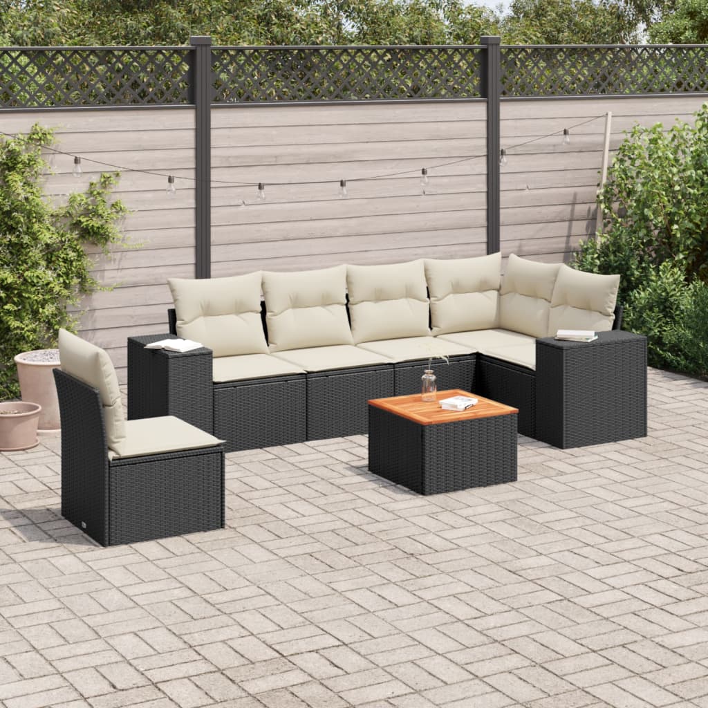 vidaXL 7-tlg. Garten-Sofagarnitur mit Kissen Schwarz Poly Rattan