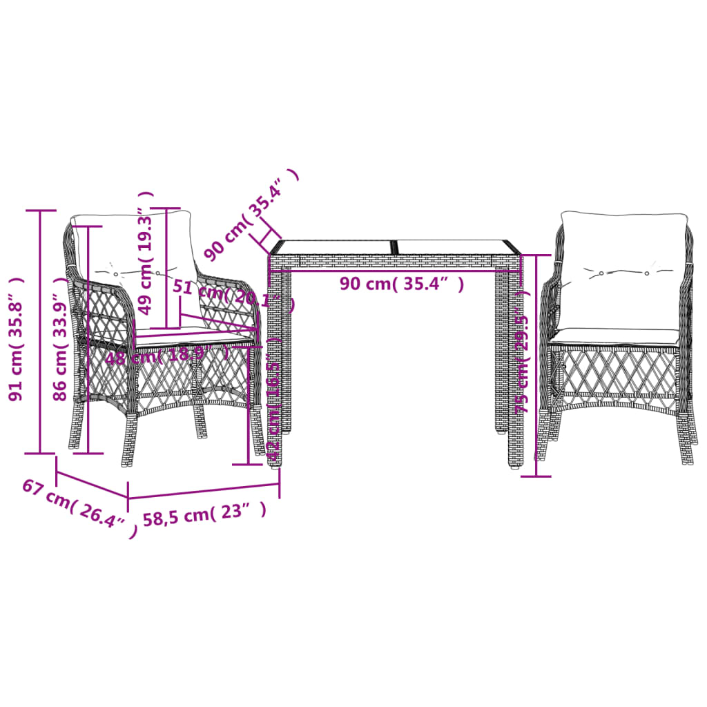 vidaXL 3-tlg. Bistro-Set mit Kissen Schwarz Poly Rattan