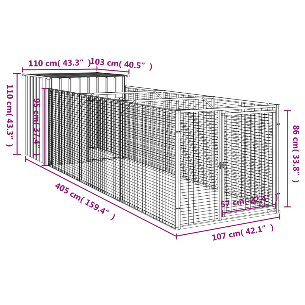 vidaXL Hundehütte mit Auslauf Anthrazit 110x405x110cm Verzinkter Stahl