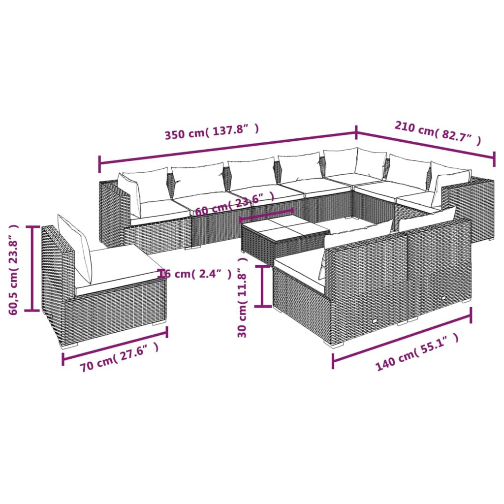 vidaXL 11-tlg. Garten-Lounge-Set mit Kissen Poly Rattan Grau