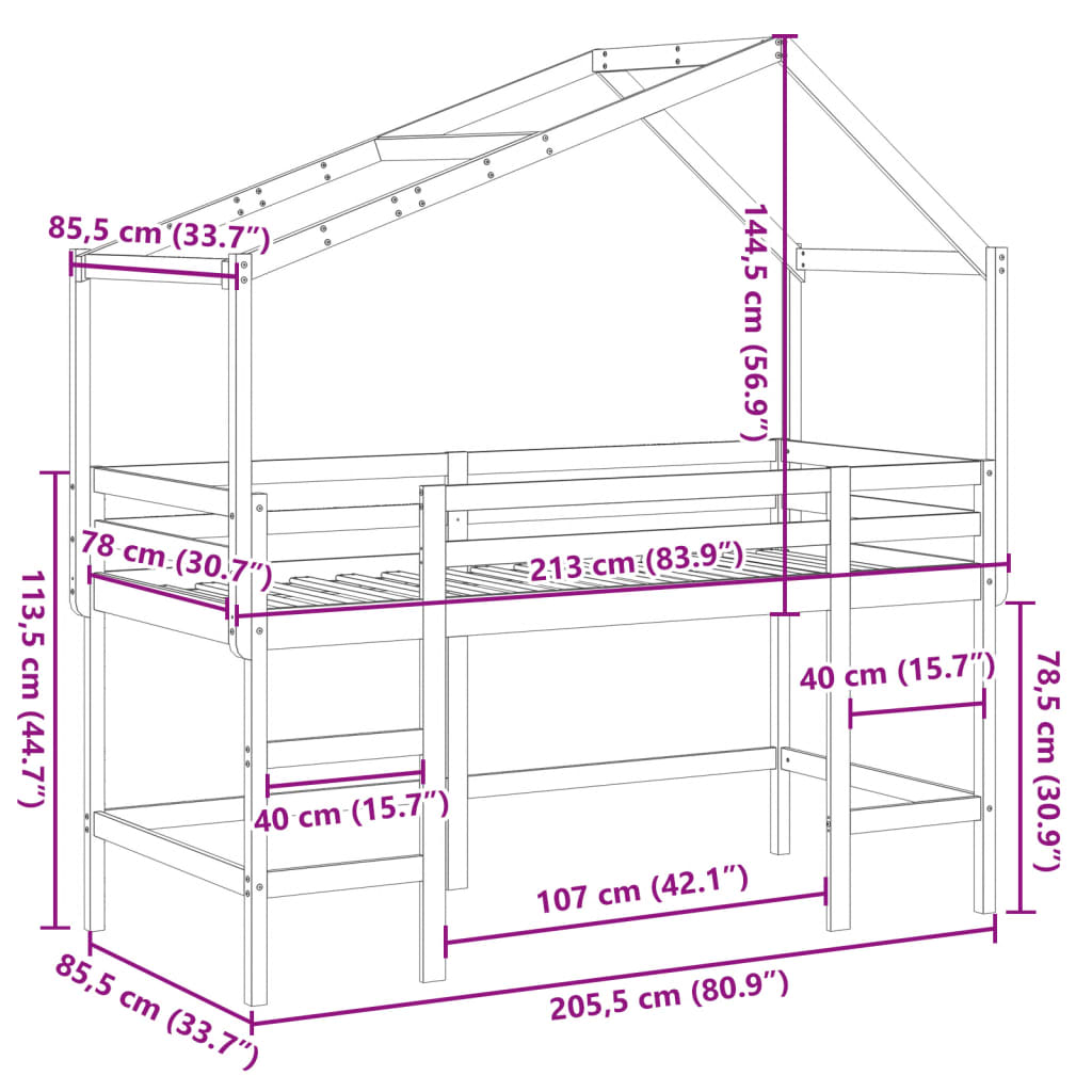 vidaXL Hochbett mit Leiter und Dach 80x200 cm Massivholz Kiefer