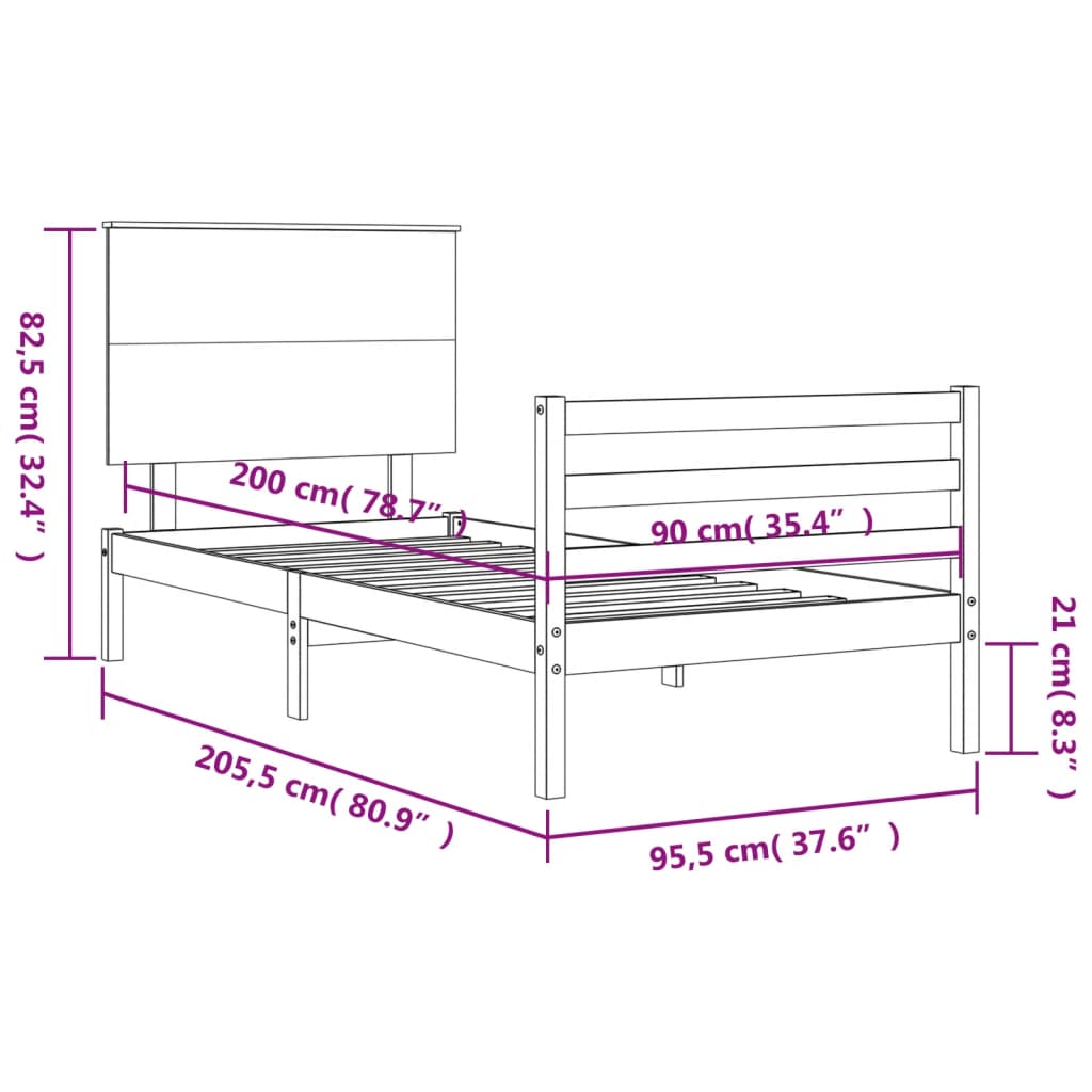 vidaXL Massivholzbett mit Kopfteil Weiß 90x200 cm