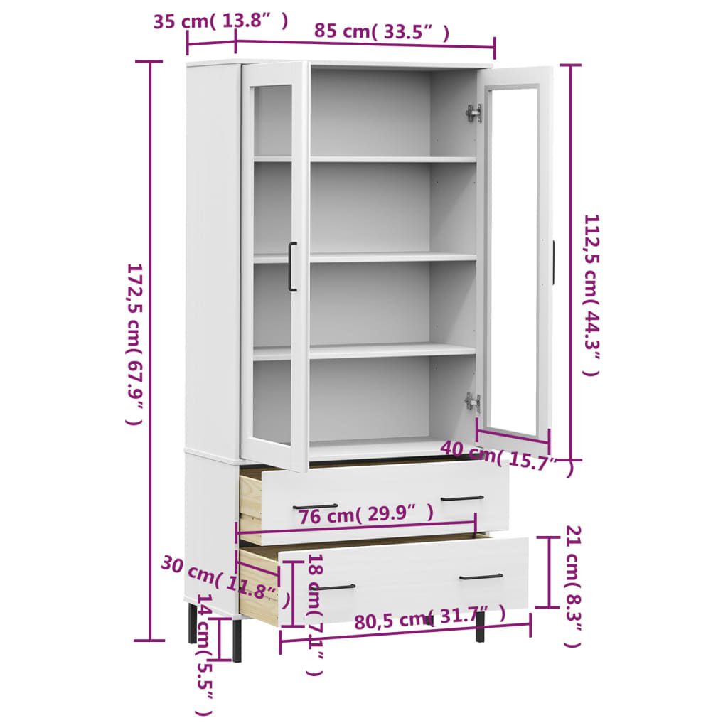 vidaXL Bücherschrank OSLO Metallbeine Weiß 85x35x172,5 cm Massivholz