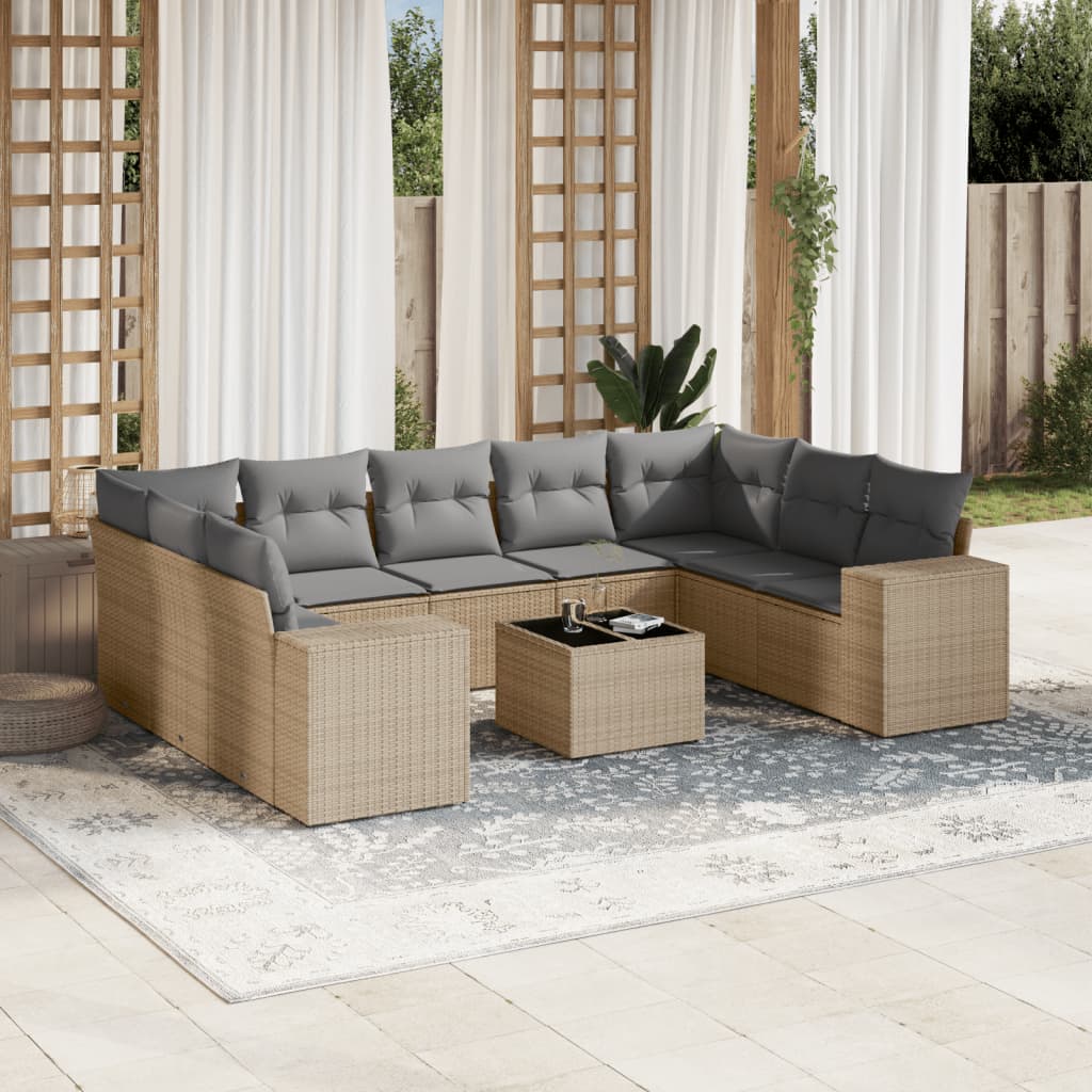 vidaXL 10-tlg. Garten-Sofagarnitur mit Kissen Beige Poly Rattan