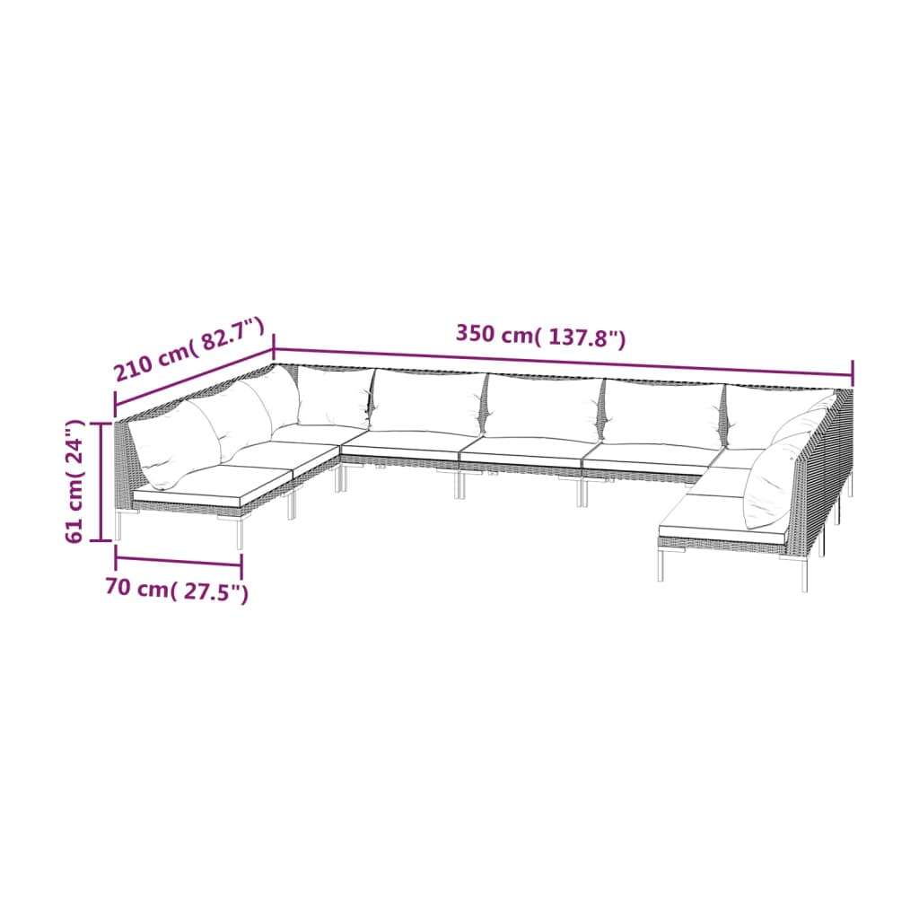 vidaXL 9-tlg. Garten-Lounge-Set mit Kissen Poly Rattan Dunkelgrau